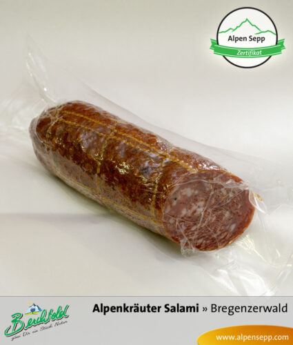 Alpenkräuter Salami | Milde Wurstspezialität mit Kräutern - 1/2 Stange 2 Alpenkräuter Salami aus dem Bregenzerwald