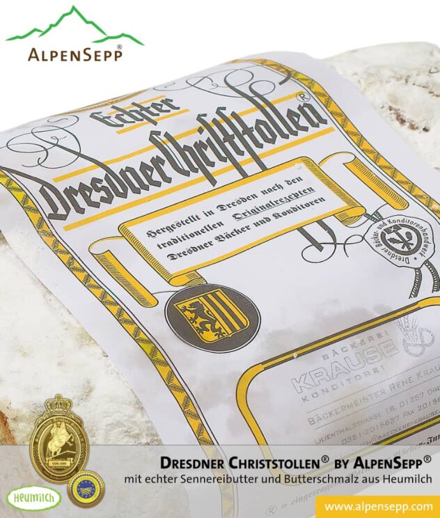 ORIGINAL Dresdner Christstollen ® by AlpenSepp® | 1,5 kg Stollen mit echter Sennereibutter und Butterschmalz (Ghee) aus Heumilch® | Exklusiv auf Vorbestellung