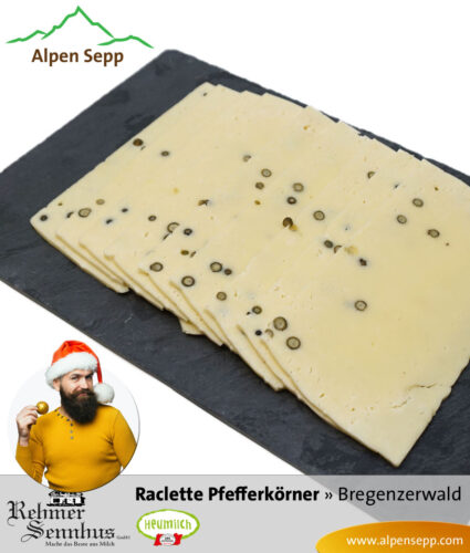 Sennerei Raclette Käse mit Pfefferkörnern - fertig geschnitten 1 Raclette Käse mit Pfefferkörnern