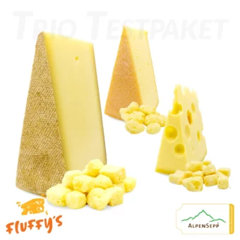 "FLUFFY's TRIO" Käse Snack | Exklusiver Produkttest | Bergkäse würzig, Senn Almkäse und Emmentaler | plus 3x Käsestück für den intensiven Vergleich