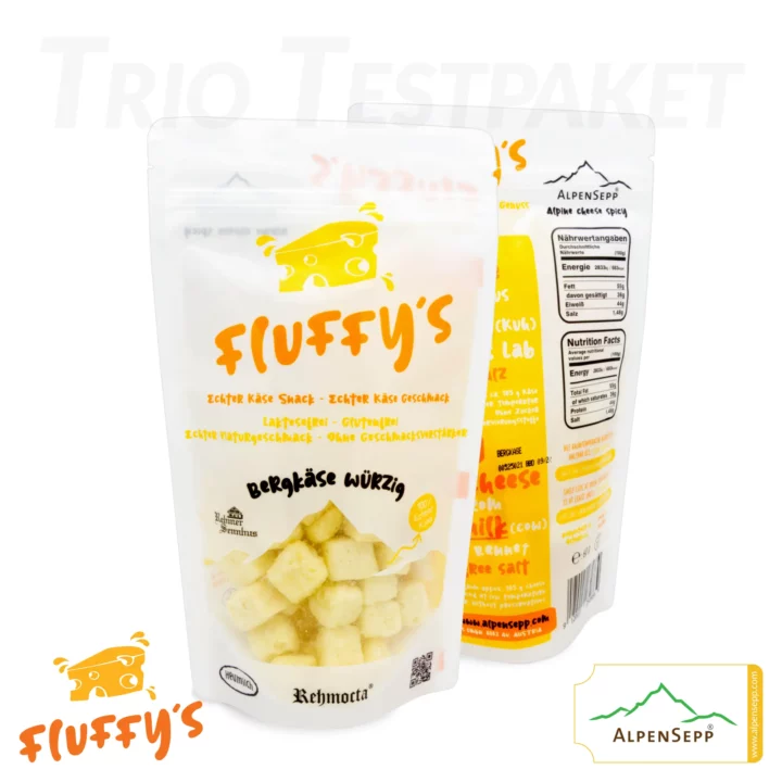 WELTNEUHEIT: Käse Snack "Fluffy's Trio" | Exklusiver Produkttest | Bergkäse würzig, Senn Almkäse und Emmentaler | 3er Pack