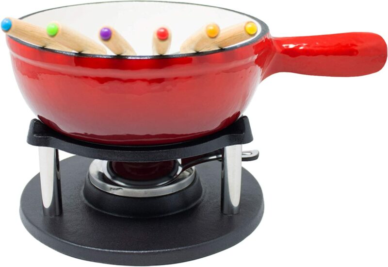 ToCi Fondueset inklusive 6 Fondue Gabeln | Käsefondue mit Stövchen 1,5 L | Emailliertes Fondue für Fleisch geeignet | Gusseisen Fondue auch mit Brühe universell einsetzbar | Schokofondue Farbe: rot