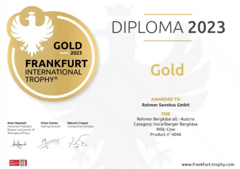 Bergkäse alt 12 Monate Diplom | Gold Auszeichnung | Frankfurt International Trophy 2023