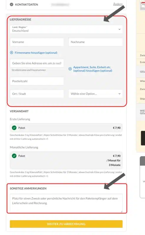 Adressierung vom Abo auf der Kassaseite