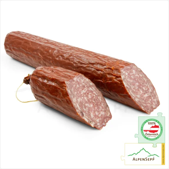 BERGSALAMI | Milde Salami aus Rindfleisch und Schweinefleisch | PREMIUM Wurst aus der Alpenregion | 1 Stange 8 BERGSALAMI | Milde Salami Wurst aus Rindfleisch und Schweinefleisch | Rohwurst Wurstsorte