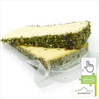 BLUMENKÄSE "BLÜMLEKÄS", 200 Gramm Käse aus Kuhmilch - laktosefrei | direkt aus dem Käsekeller | zart schmelzend mit mild-harmonischem Charakter | 1-Klick Sofortkauf 17 Blumenkäse Sofortkauf | laktosefreier Heumilch Käse mit Tee Blütenmischung affiniert