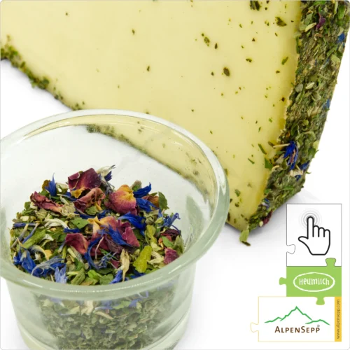 BLUMENKÄSE "BLÜMLEKÄS", 200 Gramm Käse aus Kuhmilch - laktosefrei | direkt aus dem Käsekeller | zart schmelzend mit mild-harmonischem Charakter | 1-Klick Sofortkauf 1 Blumenkäse Sofortkauf | laktosefreier Heumilch Käse mit Tee Blütenmischung affiniert