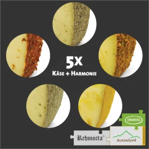 CRAZY CHEESE Käsebox mit 5x REHMOCTA® Käse Sorten | Ehni, Ähle, Dätta, Peppino & der Bärige | 1 kg laktosefreier Käse