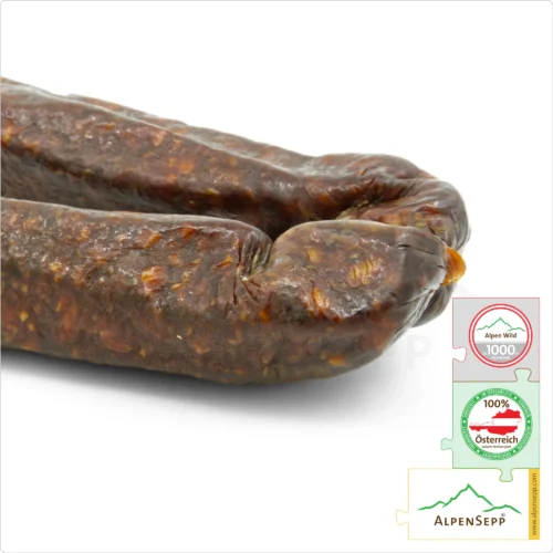 HIRSCHLANDJÄGER | Rohwurst Kantwurst vom Hirsch | PREMIUM Wildwurst vom Alpen Rotwild | 1 Paar 7 HIRSCHLANDJÄGER | Rohwurst Kantwurst vom Hirsch | Landjäger vom Rotwild