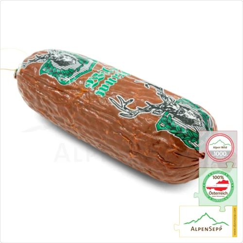 HIRSCHWURST | Heißgeräucherte Wildwurst | PREMIUM Wurst vom heimischen Rotwild | 1 Stange 1 HIRSCHWURST | Heißgeräucherte Wildwurst | Wurst vom heimischen Rotwild