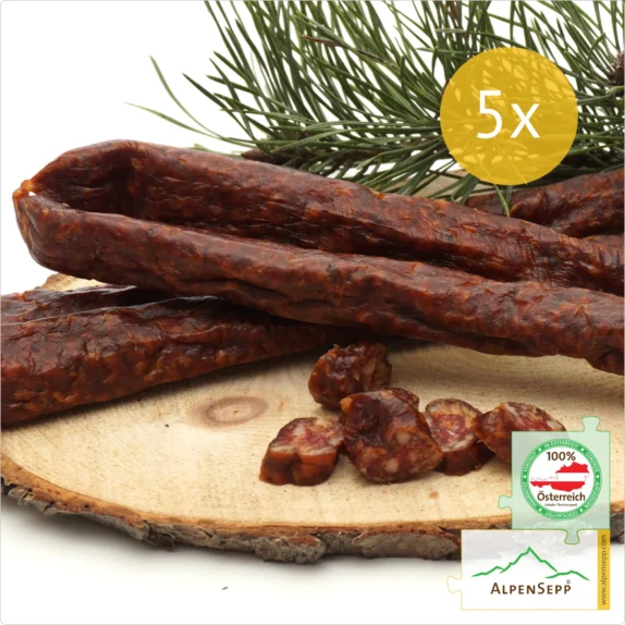 PFEFFERBEISSER geräucherte, mild-scharfe Rohwurst | PREMIUM Wurst mit schwarzem Pfeffer veredelt | 5 Paar 9 PFEFFERBEISSER geräucherte Wurst, mild-scharfe Rohwurst mit Pfeffer | 5 Paar