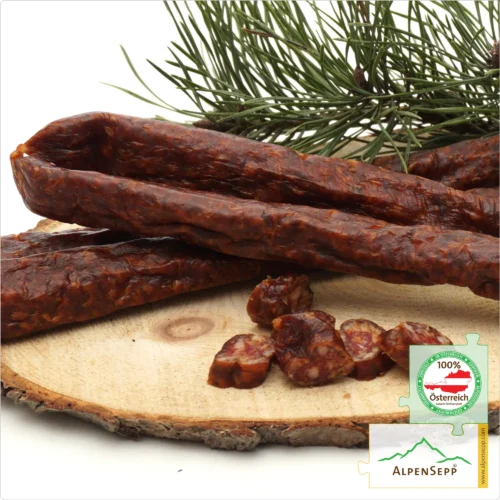 PFEFFERBEISSER geräucherte, mild-scharfe Rohwurst | PREMIUM Wurst | 2 Paar 9 PFEFFERBEISSER geräucherte Wurst, mild-scharfe Rohwurst | 2 Paar