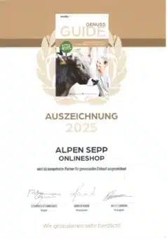 Genuss Guide Auszeichnung 2025 für AlpenSepp Onlineshop Käse und Wurst