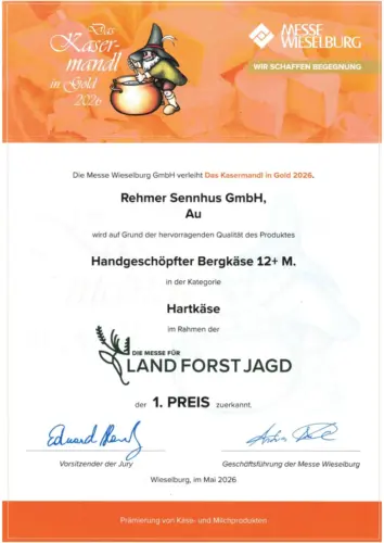 Rehmer Sennhus Kasermandl 2026 | Bergkäse 12 1. Preis