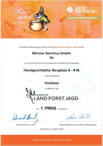 Rehmer Sennhus Kasermandl 2026 | Bergkäse 8 1. Preis