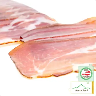 Enzianspeck geschnitten | kräftig geräuchert und luftgetrocknet | 100 % aus Österreich – 200 Gramm – Wacholder Kaiserstücke von der Lachse kurzgeräuchert – lufgetrocknet Schlögelstücke