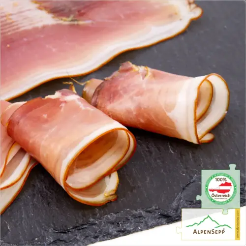 Schinkenspeck geschnitten | leicht geräuchert und luftgetrocknet | 100 % aus Österreich – 200 Gramm