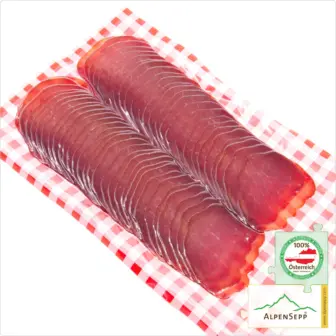 Wacholder-Rohschinken geschnitten | kurz geräuchert und luftgetrocknet | 100 % Schweinefleisch aus Österreich – 200 Gramm
