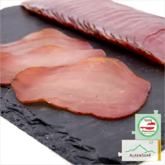 Wacholder-Rohschinken geschnitten | kurz geräuchert und luftgetrocknet | 100 % Schweinefleisch aus Österreich – 200 Gramm