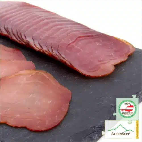 Wacholder-Rohschinken geschnitten | kurz geräuchert und luftgetrocknet | 100 % Schweinefleisch aus Österreich – 200 Gramm